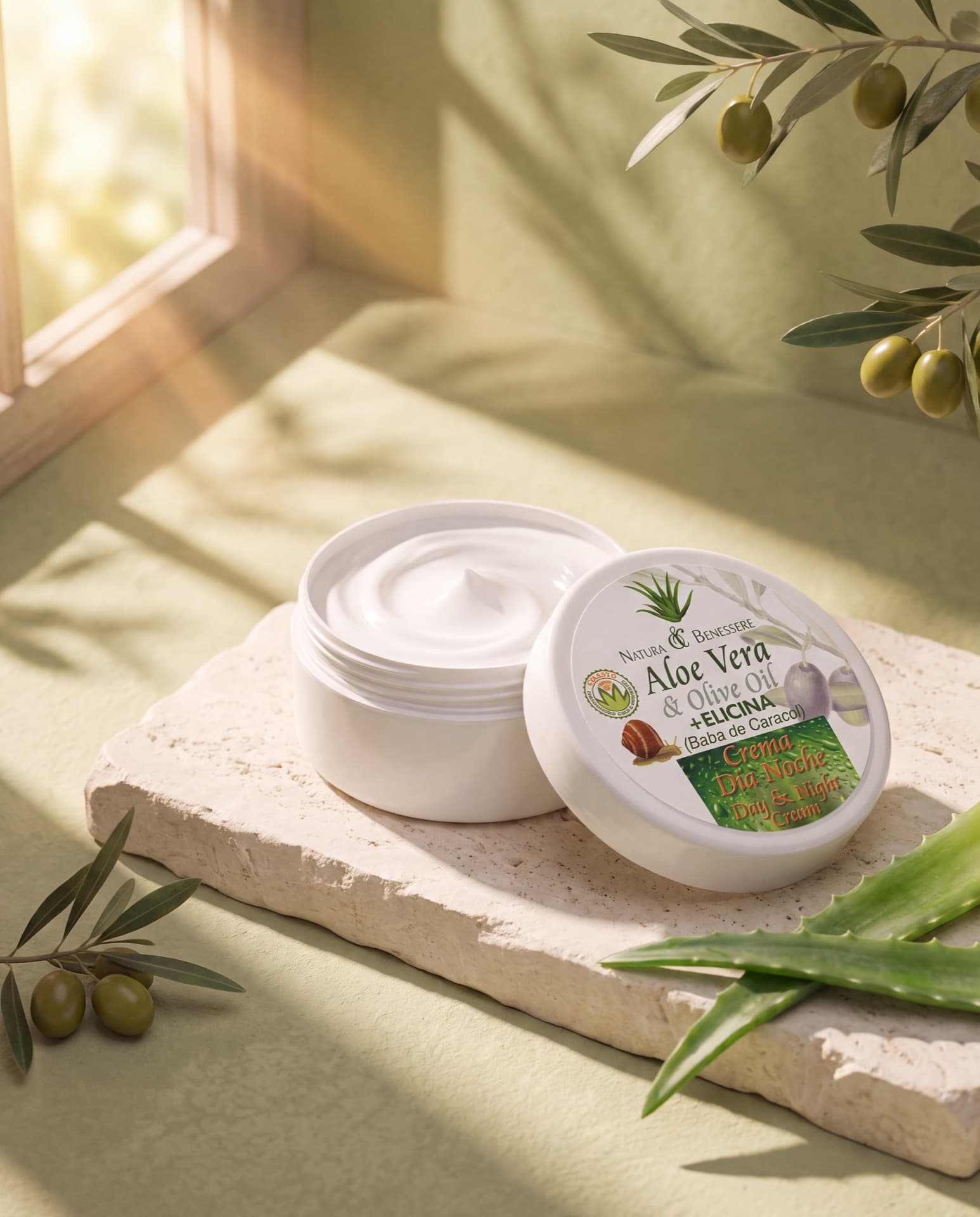 Crème visage Aloe Vera & Olive Oil ouverte dans la lumière du matin