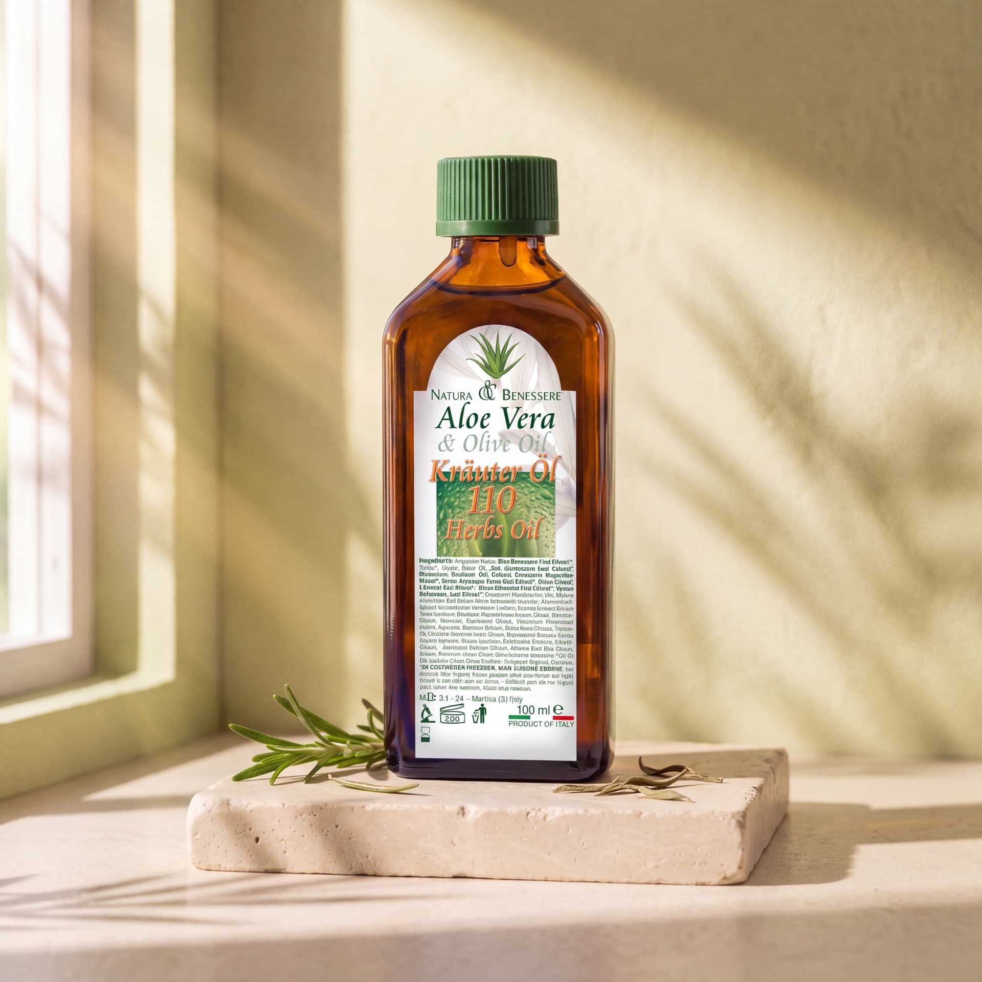 Huile de massage 110 herbes dans la lumière du matin